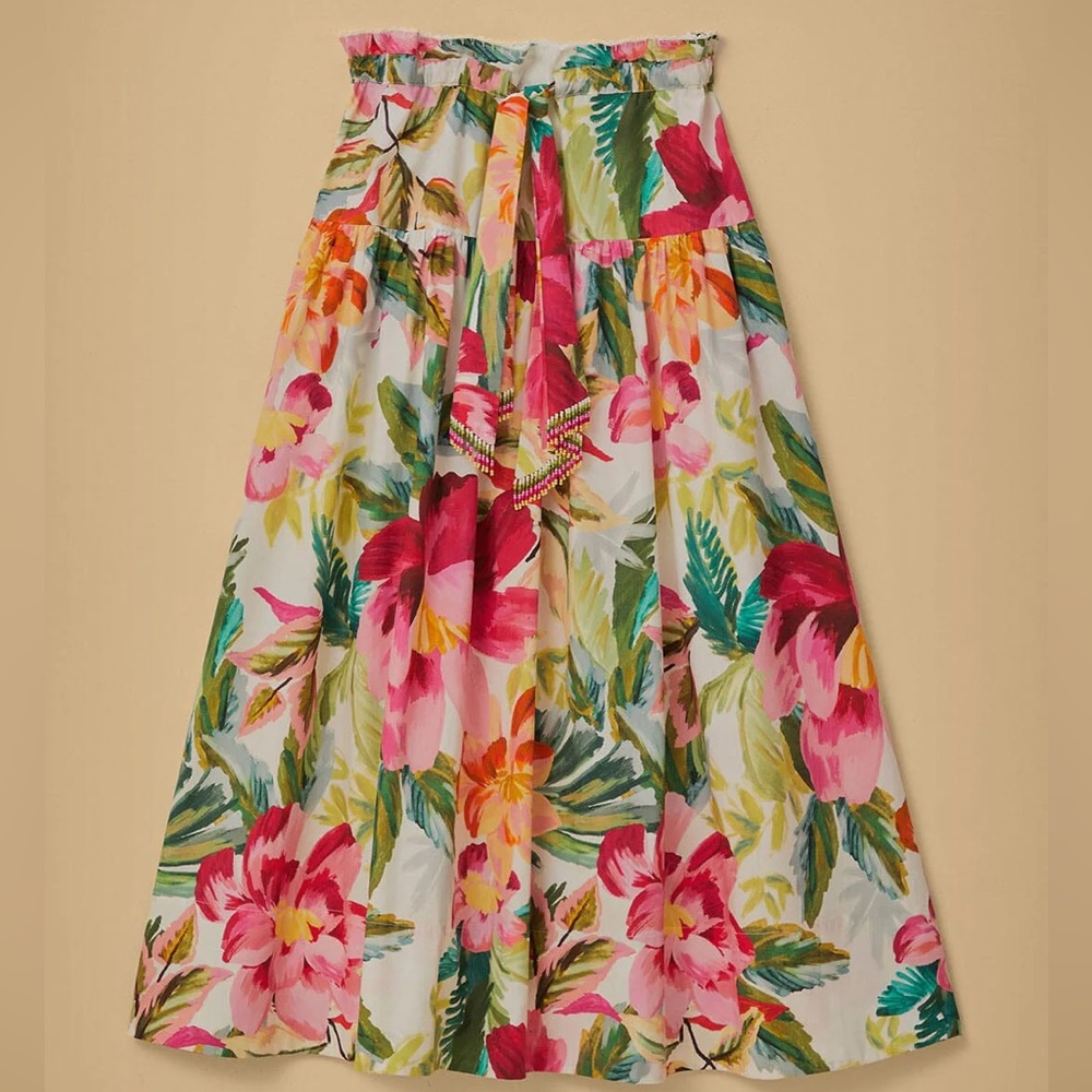 FARM RIO Women's White Painted Flowers Belted Cotton Maxi Skirt. Size L
#131